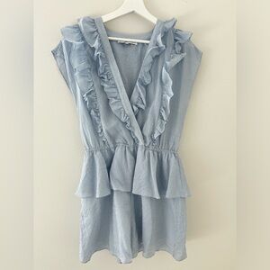 Endless Rose Light Blue Stripe V Neck Ruffle Trim Romper